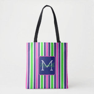 Preppy Pink Green Navy Blue Stripe Monogram Tote Bag