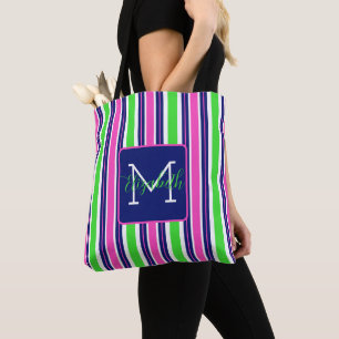 Preppy Pink Green Navy Blue Stripe Monogram Tote Bag