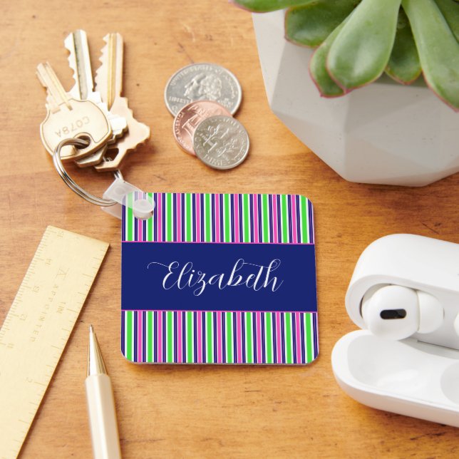 Preppy Pink Green Navy Blue Stripes Personalized Keychain (Desk)