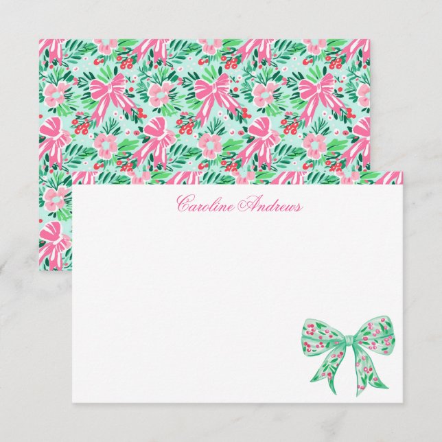 Preppy Pink & Green Palm Beach Holly Bow Thank You Card (Front/Back)
