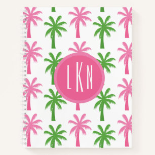 Preppy Pink & Green Palm Trees Monogram Notebook