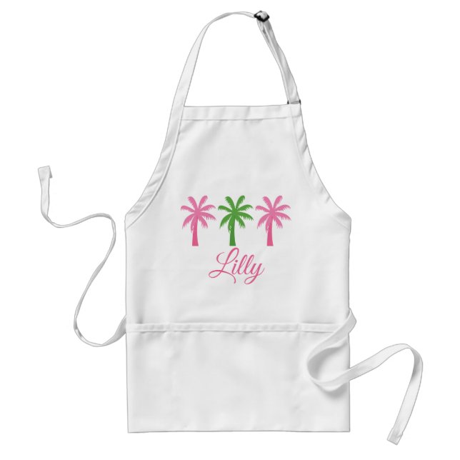 Preppy Pink & Green Palm Trees Personalized Apron (Front)