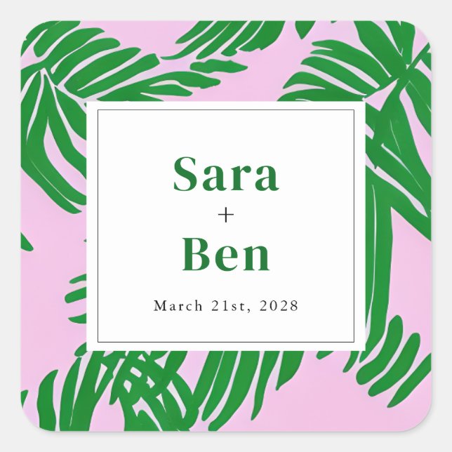 Preppy Pink + Green Palm Trees Wedding Square Sticker (Front)