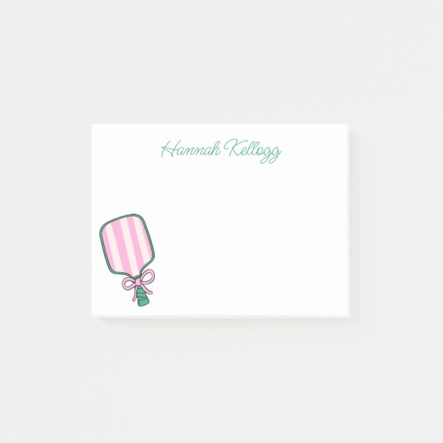 Preppy Pink & Green Pickleball Personalized Post-it Notes (Front)