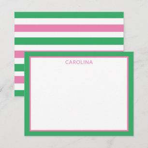 Preppy Pink & Green Stripes Cute Stationery Card