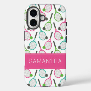 Preppy Pink Green Teal Tennis Pattern Personalized iPhone 16 Case