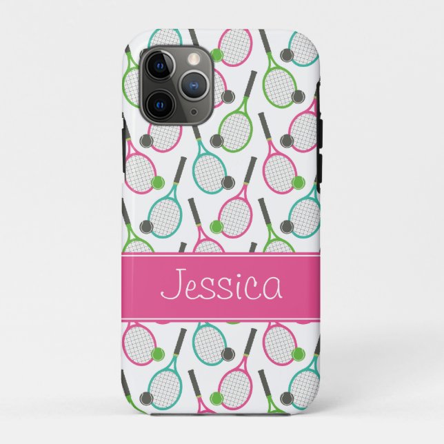 Preppy Pink Green Teal Tennis Pattern Personalized Case-Mate iPhone Case (Back)