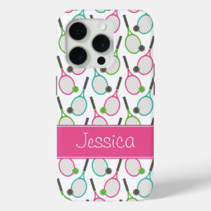 Preppy Pink Green Teal Tennis Pattern Personalized iPhone 15 Pro Case
