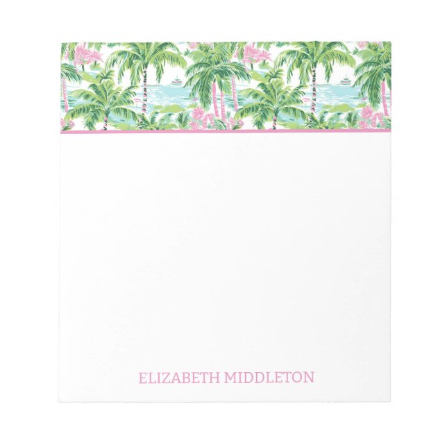 Preppy Pink Green Tropical Palm Tree Personalized Notepad (Front)
