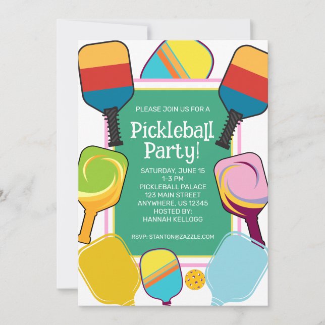 Preppy Pink Green & Yellow Pickleball Invitation (Front)