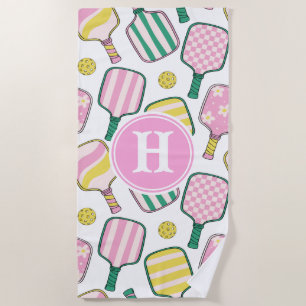 Preppy Pink Green & Yellow Pickleball Monogram Beach Towel