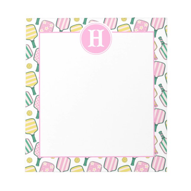 Preppy Pink Green Yellow Pickleball Monogram Notepad (Front)