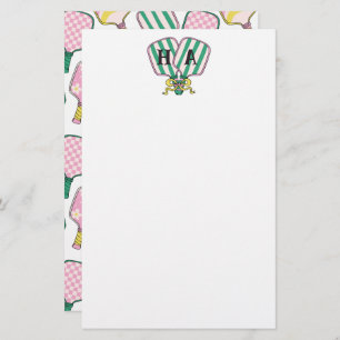 Preppy Pink Green & Yellow Pickleball Monogram Stationery