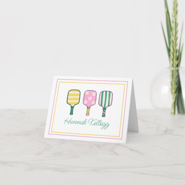 Preppy Pink Green Yellow Pickleball Personalized Note Card (Front)