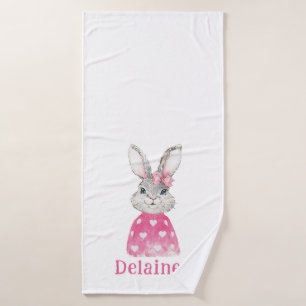 Preppy Pink Heart Bow Bunny Personalized Bath Towel