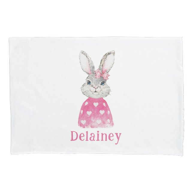 Preppy Pink Heart Bow Bunny Personalized Pillowcase (Front)