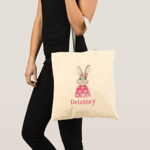 Preppy Pink Heart Bow Bunny Personalized Tote Bag