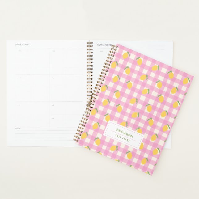 Preppy Pink Lemon Gingham Girly Personalized 2027 Planner (Display)