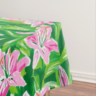 Preppy Pink Lily Floral Greenery Chic Garden Party Tablecloth