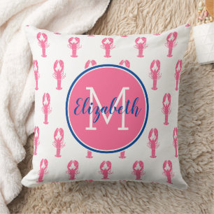 Preppy Pink Lobsters on White With Navy Monogram Throw Pillow