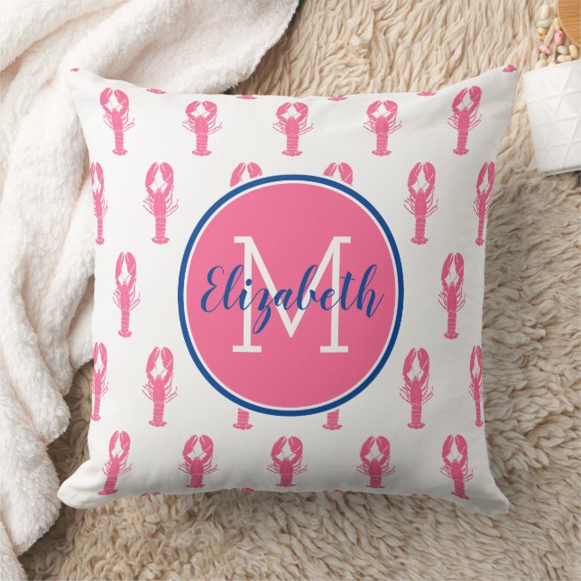 Preppy Pink Lobsters on White With Navy Monogram Throw Pillow (Blanket)