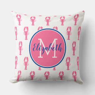 Preppy Pink Lobsters on White With Navy Monogram Throw Pillow