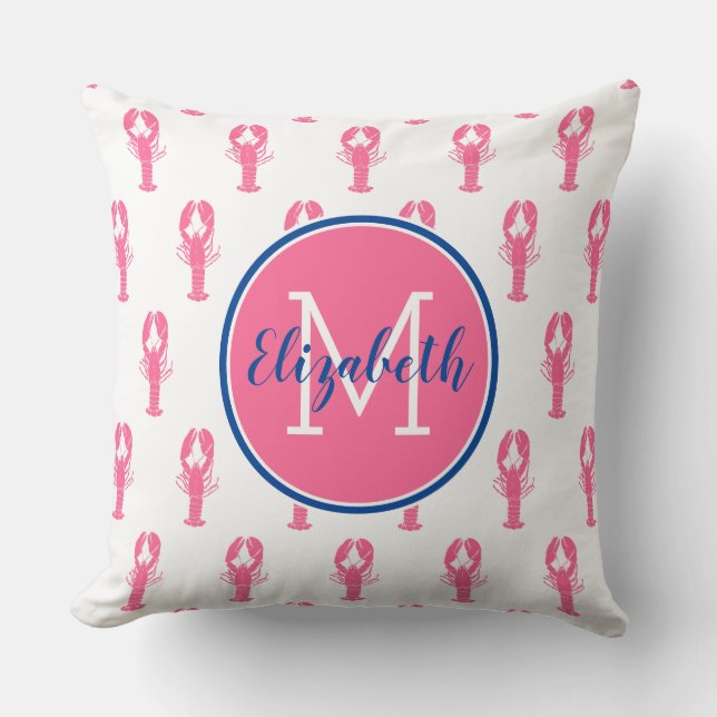Preppy Pink Lobsters on White With Navy Monogram Throw Pillow (Front)