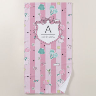 Preppy Pink Monogram Pickleball Gift for Her Beach Towel