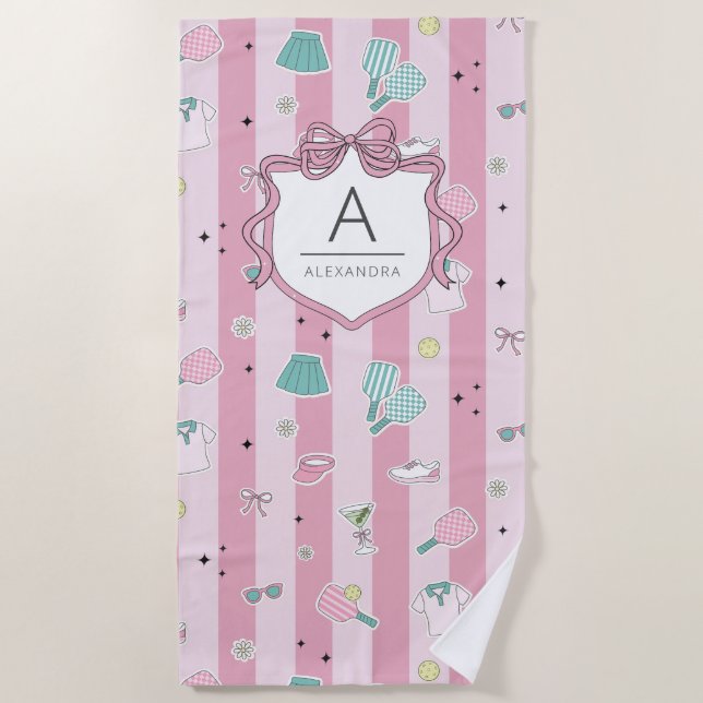Preppy Pink Monogram Pickleball Gift for Her Beach Towel (Front)