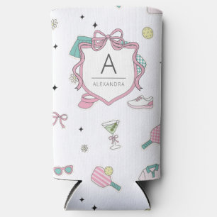 Preppy Pink Monogram Pickleball Gift for Her Seltzer Can Cooler
