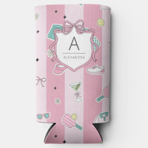 Preppy Pink Monogram Pickleball Gift for Her Seltzer Can Cooler