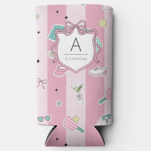 Preppy Pink Monogram Pickleball Gift for Her Seltzer Can Cooler (Front)