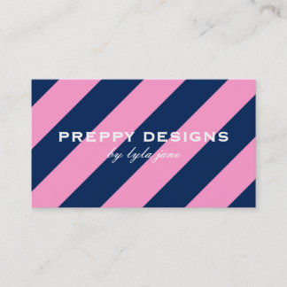 Preppy Pink & Navy Blue Striped Business Card
