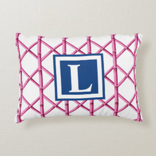 Preppy Pink Navy Trellis Bamboo Pattern Monogram Accent Pillow