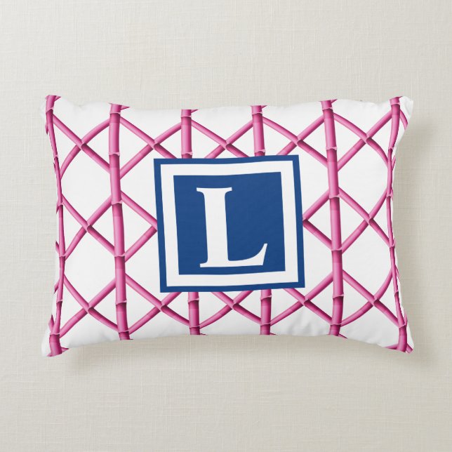 Preppy Pink Navy Trellis Bamboo Pattern Monogram Accent Pillow (Front)