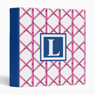 Preppy Pink Navy Trellis Bamboo Pattern Monogram Binder