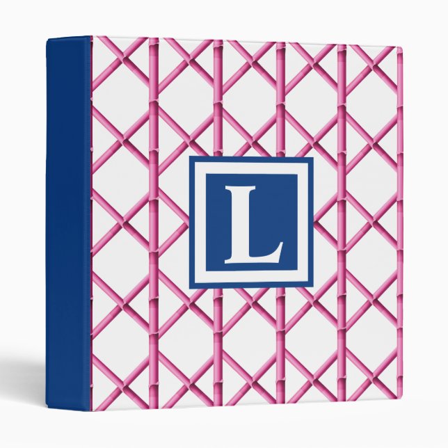 Preppy Pink Navy Trellis Bamboo Pattern Monogram Binder (Front/Spine)