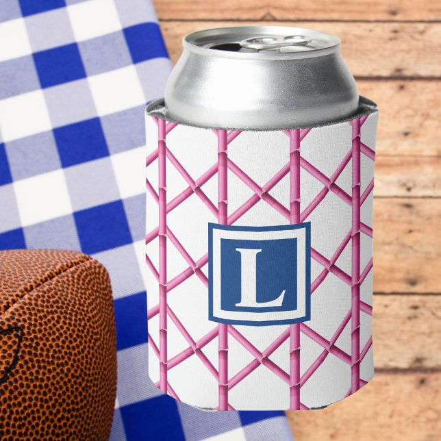 Preppy Pink Navy Trellis Bamboo Pattern Monogram Can Cooler (Creator Uploaded)