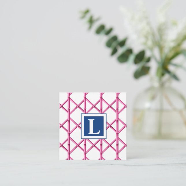 Preppy Pink Navy Trellis Bamboo Pattern Monogram Card (Standing Front)