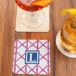 Preppy Pink Navy Trellis Bamboo Pattern Monogram Coaster