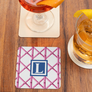 Preppy Pink Navy Trellis Bamboo Pattern Monogram Square Paper Coaster