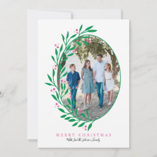 Preppy Pink Oval Christmas Wreath Holiday Photo Card