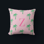 Preppy Pink Palm Tree Monogram Pillow<br><div class="desc">Preppy Pink Palm Tree Monogram Pillow | Personalized Tropical Dorm Decor | Palm Beach Style Initial Throw Pillow Add a soft preppy touch to your space with this personalized pink palm tree monogram pillow. Featuring a blush pink background with scattered green palm trees, this design captures a relaxed Palm Beach...</div>