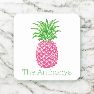 Preppy Pink Pineapple Personalized Square Paper Coaster