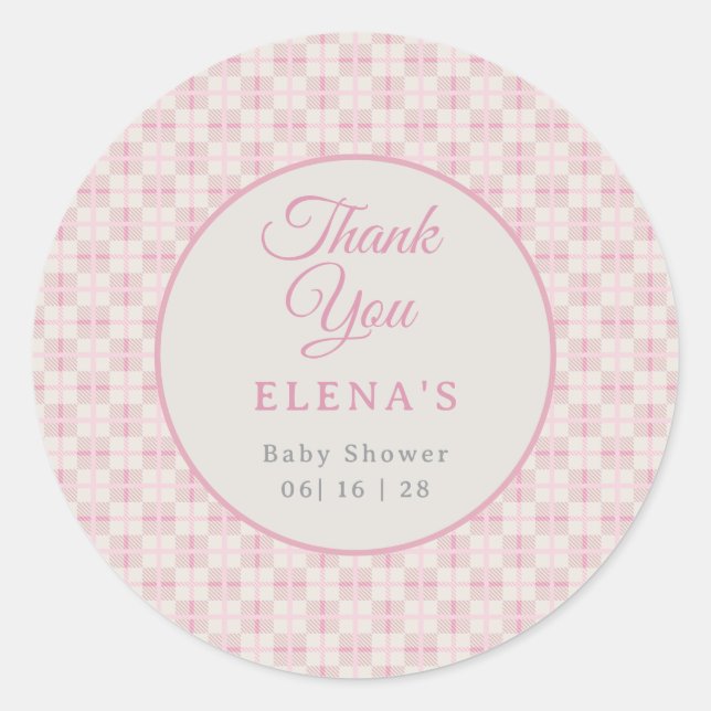 Preppy Pink Plaid Baby Shower  Classic Round Sticker (Front)