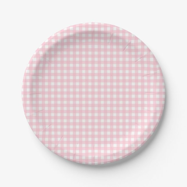 Preppy Pink Plaid Gingham Party Paper Plate (Front)
