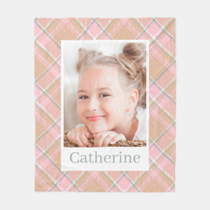 Preppy Pink Plaid Pattern Personalized Girl Photo Fleece Blanket