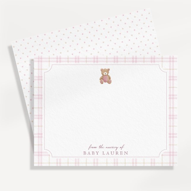Preppy Pink Plaid Teddy Bear Nursery Note Card (Creator Uploaded)