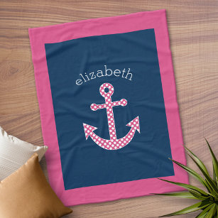 Preppy Pink Polka Dot Anchor with Navy Custom Name Fleece Blanket