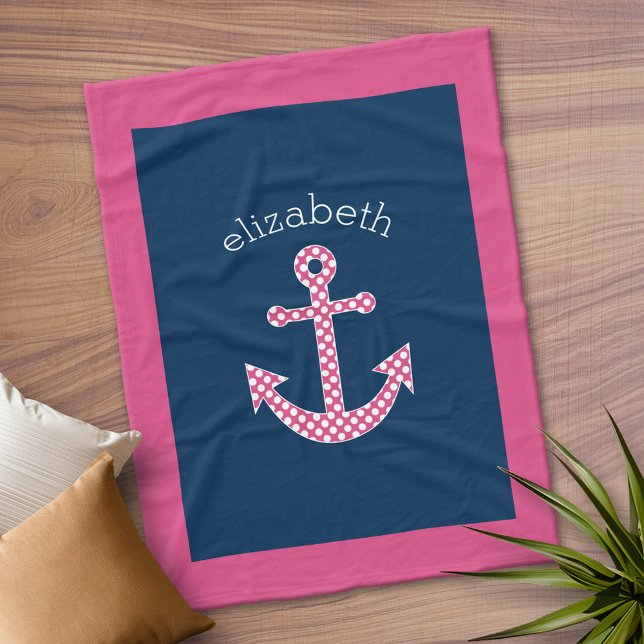 Preppy Pink Polka Dot Anchor with Navy Custom Name Fleece Blanket (Personalized Fleece Blanket)